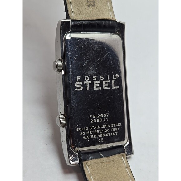 Fossil Steel Dual Time Tank 23mm Watch Silver Black Leather Quartz New Battery - Picture 13 of 13